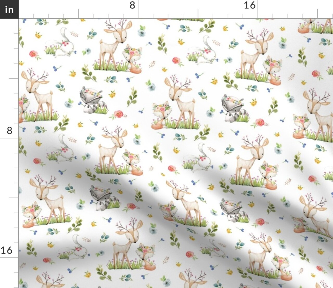 Woodland Friends Deer Fox Raccoon Bunny Flowers Girl Nursery Animals Custom Printed Fabric by Spoonflower Various Fabrics by the Yard or Fat Quarter
